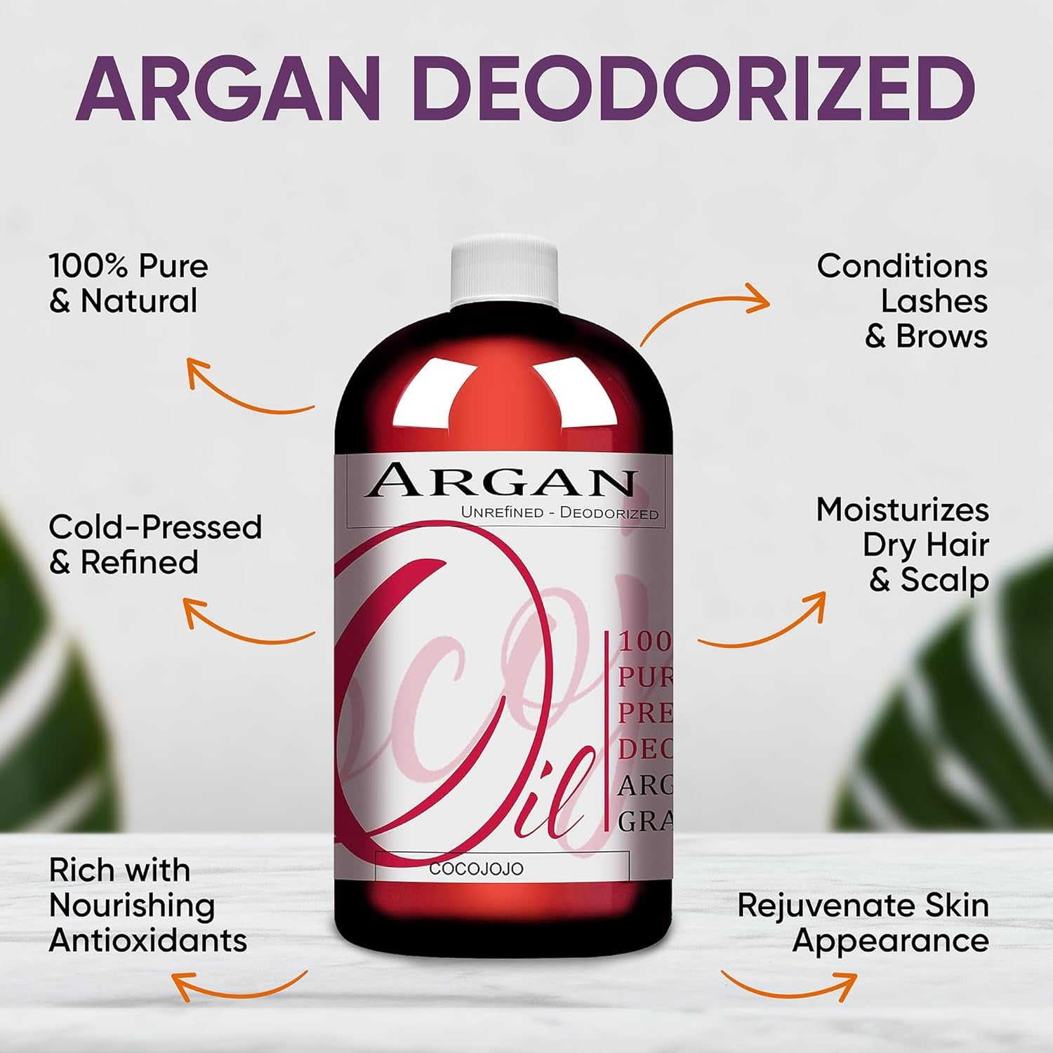 Argan Oil Deodorized, Argan Oil for Hair, Hair Treatment Oils, Hair Oils, 100% Pure Argan Oil Organic, Argan Oil for Face, Unrefined Unscented Cold Pressed Extra Virgin - 32 Oz (Pack of 1)