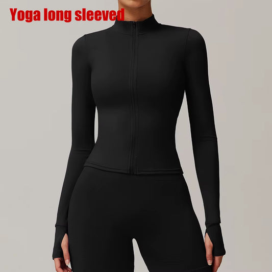 Women Zipper Jacket Yoga T-Shirts Solid Sports Top Long Sleeve Crop Tops Running Shirts Sexy Quick Dry Fitness Gym Sport Wear