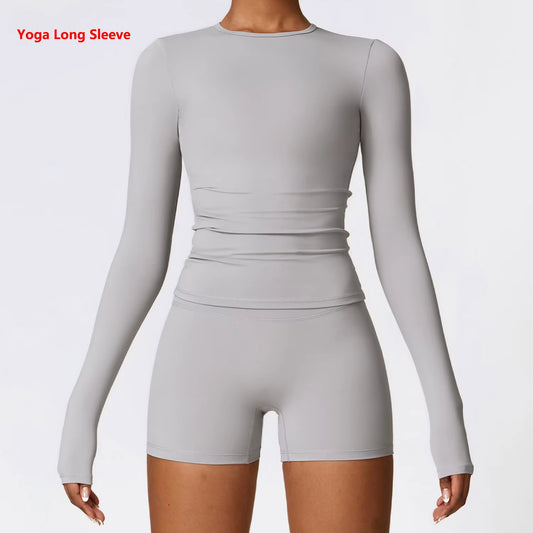 Women Yoga T-Shirts Solid Sports Top Long Sleeve Gym Workout Running Shirts Sexy Exposed Navel Quick Dry Fitness Gym Sport Wear