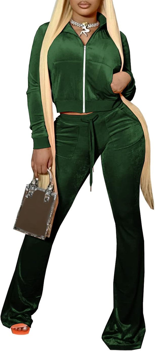 Two Piece Outfits for Women Sweatsuits - Velour Tracksuit Set Long Sleeve Zip Crop Tops and Wide Leg Pants Club Outfits (Green, Large)