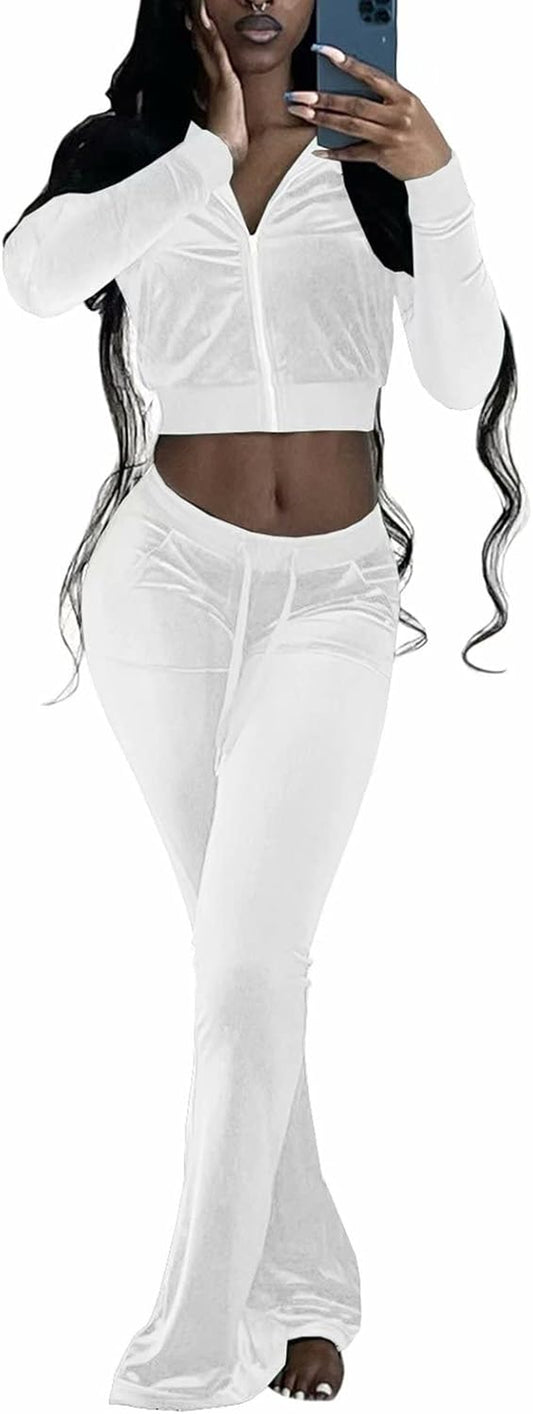 Sexy Velour Tracksuit Outfits Clubwear - Long Sleeve Zip Crop Tops Jackets and Flared Long Pant Sets Sweatsuit