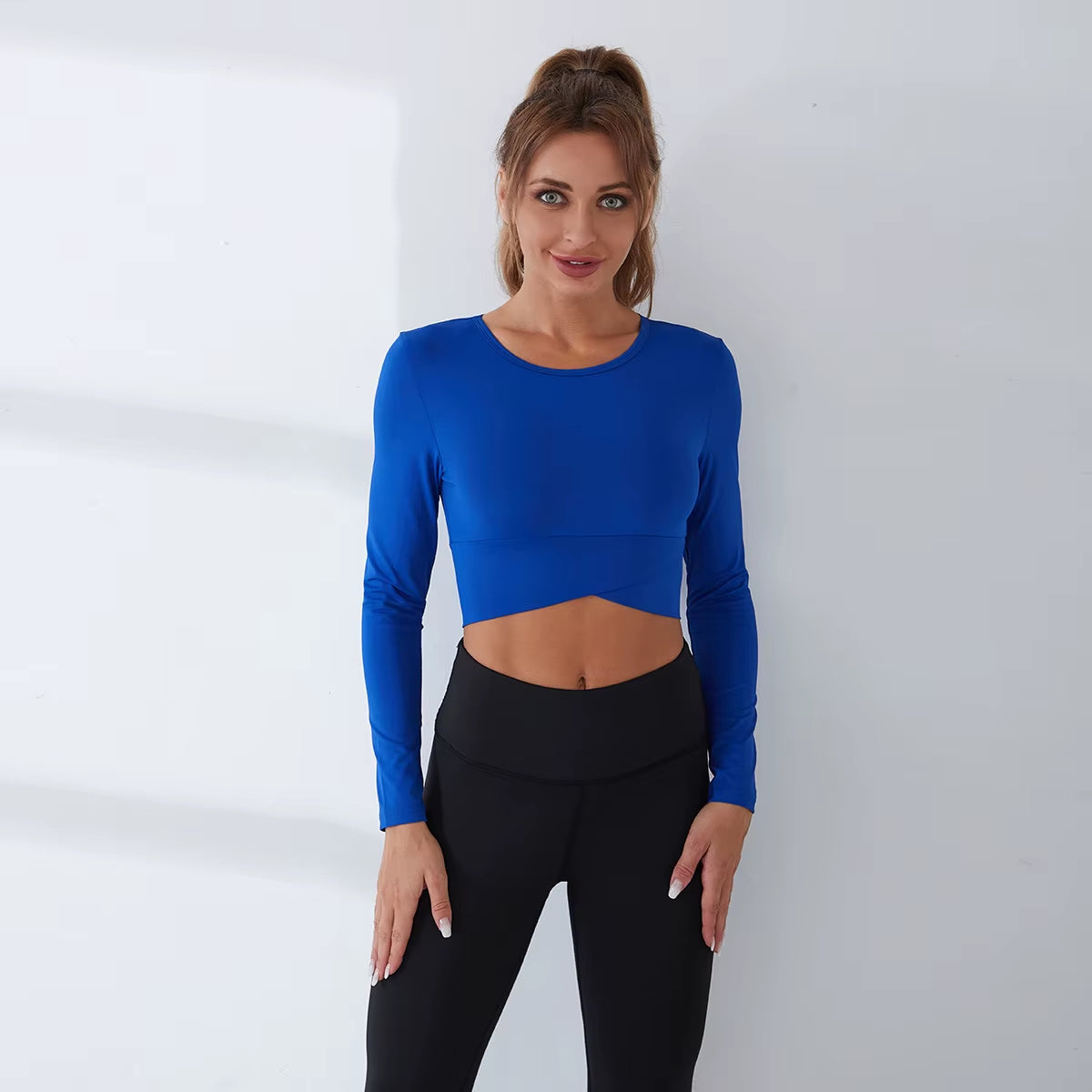 Crop Tops Women Yoga T-Shirts Solid Sports Top Long Sleeve Running Shirts Sexy Exposed Navel Quick Dry Fitness Gym Sport Wear