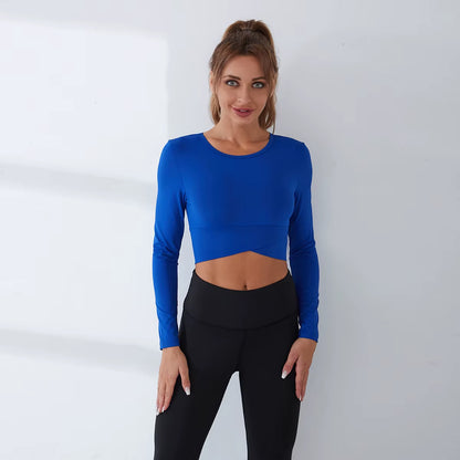 Crop Tops Women Yoga T-Shirts Solid Sports Top Long Sleeve Running Shirts Sexy Exposed Navel Quick Dry Fitness Gym Sport Wear