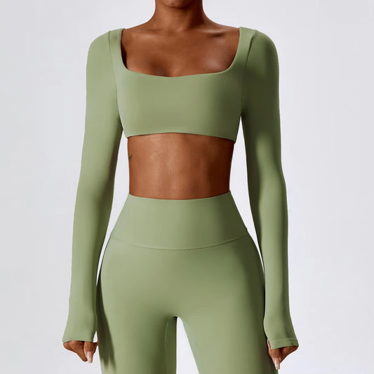 Women Crop Tops Yoga T-Shirts Solid Sports Top Long Sleeve Running Shirts Sexy Exposed Navel Quick Dry Fitness Gym Sport Wear